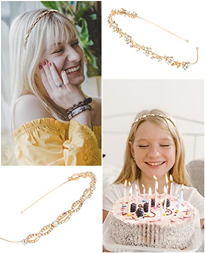 Wecoe 4 Pack AB Rhinestone Headbands Gold Metal Headbands Flower Girl Bridal Wedding Headband Crystal Headpieces Flower Leaf Butterfly Headband Formal Hair Accessories For Women Girls Gifts - color: Gold band & AB rhinestones