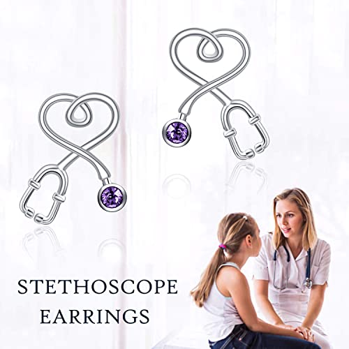 Stethoscope Earrings 925 Sterling Silver Heart Studs Earrings 12 Months Birthstone Crystals from Austria, Graduation Jewelry Gifts for Nurse Doctor RN Medical Student - color: Simulated Amethyst 1