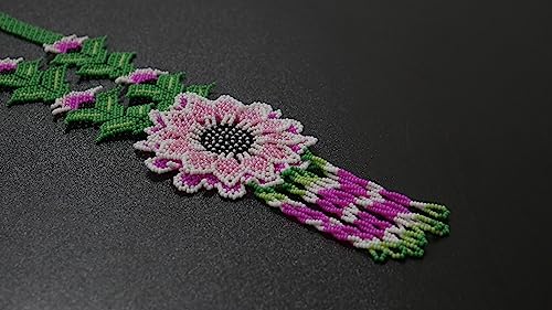 Handmade beaded Native native american style huichol glass seed bead Necklace Collar de cuentas nativas al estilo mexicano de los artesanos regalos para mujeres - color: Pink & White
