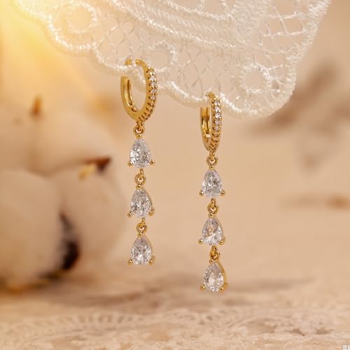 Sonateomber Gold Silver Small Hoop Dangle Earrings for Women, Trendy Dainty Rhinestone CZ Dangling Prom Wedding Leaf Flower Snowflake Butterfly Starfish Fashion Jewelry Gift - color: Gold Teardrop