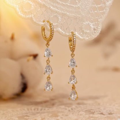 Sonateomber Gold Silver Small Hoop Dangle Earrings for Women, Trendy Dainty Rhinestone CZ Dangling Prom Wedding Leaf Flower Snowflake Butterfly Starfish Fashion Jewelry Gift - color: Gold Teardrop