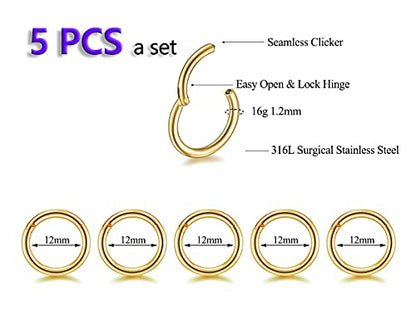 5Pcs 16G 18G Surgical Steel Nose Rings Hoop Tragus Septum Cartilage Hoop Earrings For Women Men Body Piercing Jewelry Kit Bar Length 6mm/8mm/10mm/12mm/14mm - style: 5Pcs -16G - Gold - 12mm