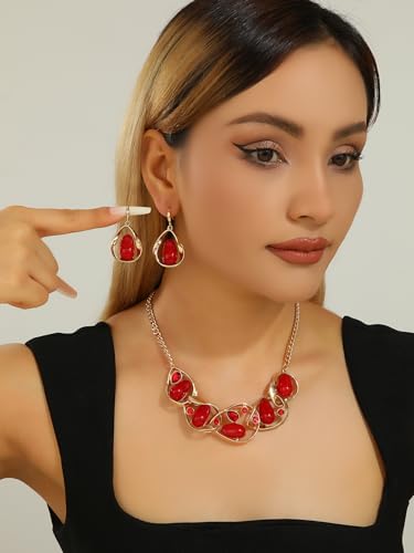 Chunky Statement Jewelry Set Blue Ocean Seashell Choker Necklaces Earrings Set for Women Pearl Bib Collar Necklaces for Party Prom Pageant Summer Fashion Jewelry Unique Birthday Gift - style: Geometric connection JS gold red