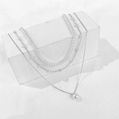 Zeffy Gold Pearl Necklace for Women, Dainty 14K Gold/Silve Plated Layered Pearl Choker Pearl Earrings Pearl Bracelets Wedding Trendy Gold Jewelry Set for Women Gifts - style: Silver Pearl Necklace-3PCS
