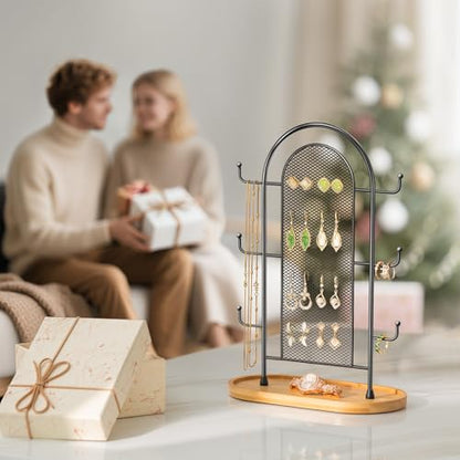 bussdis Jewelry Holder Organizer Earring Display - Earring Storage Tree Stands Towers With 6 Hooks 300 Studs Wood Tray Black Metal Rack - color: Black