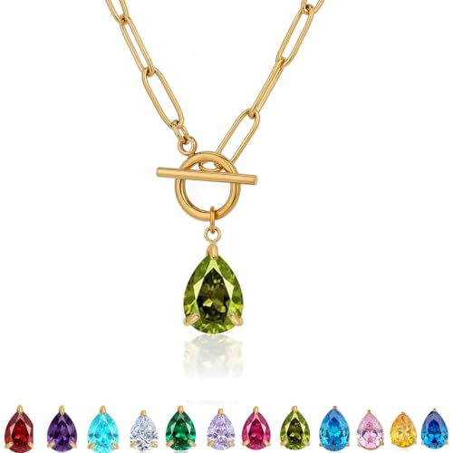 Teardrop CZ Pendant Paperclip Chain Necklace 18K Plated Paperclip Toggle Necklace Jewelry Birthstone Gift for Women - color: Peridot-August