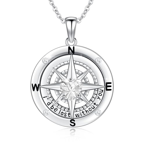 Compass Necklace Sterling Silver Nautical Graduation Gift | 925 Sterling Silver compass pendant with meaningful nautical design, jewelry for women, graduation and travel gift - color: Clear