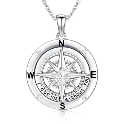 Compass Necklace Sterling Silver Nautical Graduation Gift | 925 Sterling Silver compass pendant with meaningful nautical design, jewelry for women, graduation and travel gift - color: Clear