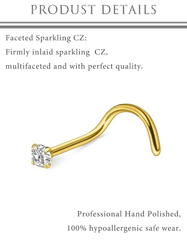 Hoeudjo Nose Studs Surgical Steel Cubic Zirconia Nose Rings Kit for Women Men Tiny Nose Stud Screw & Bone & L Shaped Nostril Piercing Jewelry 24-18 Gauge 20 Pieces Set - color: gold-tone,screw nose studs, size: 18g/2.0mm clear CZ