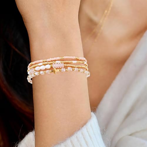 Gold Beaded Bracelets Stack for Women Stackable 14K Gold Plated Beads Ball Cross Bracelet Boho Christian Jewelry Faith Friendship Birthday Gifts for Women - color: Pink Crystal