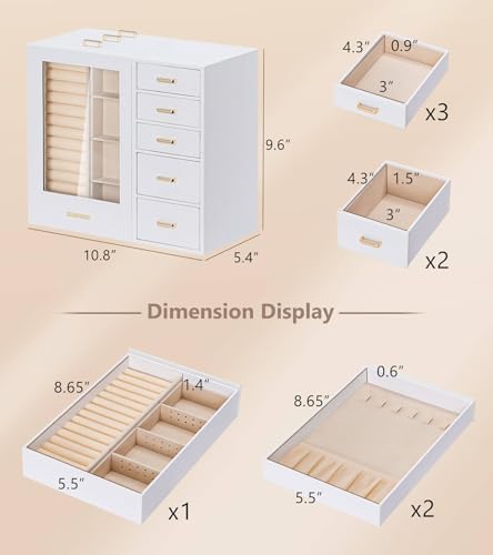 Homde Large Jewelry Box/Organizer/Case with Glass Window, Drawers for Necklaces Earrings Rings Bracelets Watches Gift for Women Girls - color: White