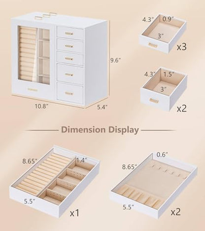 Homde Large Jewelry Box/Organizer/Case with Glass Window, Drawers for Necklaces Earrings Rings Bracelets Watches Gift for Women Girls - color: White