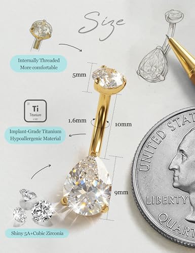Tungary G23 Titanium Belly Button Rings for Women 14G Internally Threaded | Hypoallergenic Long Navel Piercing Jewelry, 3/8" Implant Grade Dangle Belly Button Piercing, 5A CZ, with Vacuum PVD Finish - color: Teardrop: 14K Gold Plated