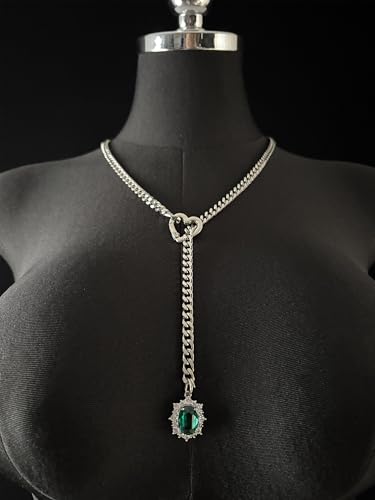 Women's Heart O-Ring Slip Chain Necklace, Double Layered Adjustable 39'' Cuban Chain with Detachable Heart Clasp and Colorful Rhinestone Pendant - color: 25'' Silver-Emerald Green