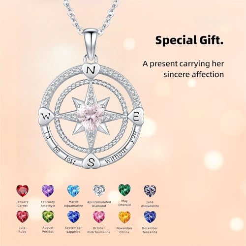 Compass Birthstone Necklace for Women S925 Sterling Silver with Cubic Zirconia - Birthday Jewelry gift for her, Girlfriend, Wife, Mom on Birthday, Anniversary - color: 10-Pink