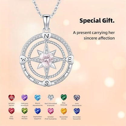 Compass Birthstone Necklace for Women S925 Sterling Silver with Cubic Zirconia - Birthday Jewelry gift for her, Girlfriend, Wife, Mom on Birthday, Anniversary - color: 10-Pink