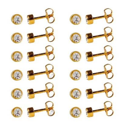 Caflon April Birthstone Stud Earrings - 12 Pairs Clear Crystal Studs, 3/4/5mm | Surgical Steel Starter & Piercing Studs, Sterilized & Individually Sealed | Hypoallergenic Nickel-Safe for Newly Pierced & Sensitive Ears - color: 24K Gold Plated, size: 5mm