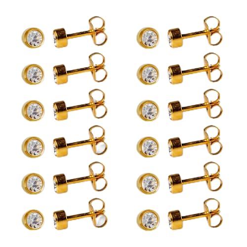 Caflon April Birthstone Stud Earrings - 12 Pairs Clear Crystal Studs, 3/4/5mm | Surgical Steel Starter & Piercing Studs, Sterilized & Individually Sealed | Hypoallergenic Nickel-Safe for Newly Pierced & Sensitive Ears - color: 24K Gold Plated, size: 5mm