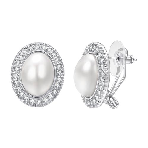 Pearl and Rhinestone Stud Earrings for Women Retro Statement Earrings Wedding Party Prom Jewelry - color: Oval Pearl-Silver