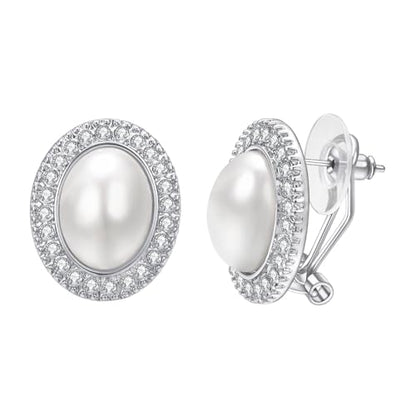 Pearl and Rhinestone Stud Earrings for Women Retro Statement Earrings Wedding Party Prom Jewelry - color: Oval Pearl-Silver