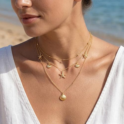 WomenGifts Layered Gold Necklaces for Women, 14K Gold Sterling Silver Plated Dainty Pendant Necklace Set Non Tarnish, Chunky Stackable Cuban Chain Choker, Trendy Birthstone Vacation Jewelry Gift - color: Gold, style: Starfish