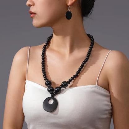 Soyzvteo Boho Wooden Beaded Necklace Earring Set Chunky Statement Costume Jewelry Retro Ethnic Accessories for Women - color: Black