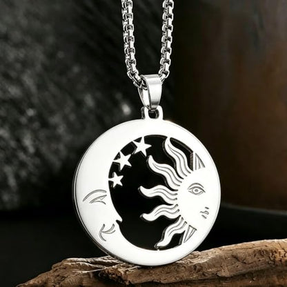 Sun Moon Star Hollow Pendant Box Chain Necklace for Women | Hollow sun moon star design represents companionship, smooth polished, versatile daily jewelry for women - color: silvery