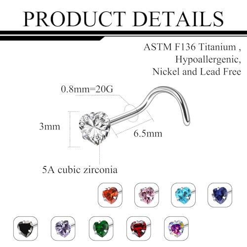ASTM F136 Titanium Nose Rings 18G 20G 22G Mix Color Heart Cubic Zirconia Nose Studs Ring Screw L-Shaped Bone Hypoallergenic Body Piercing Jewelry for Women 3mm 10PCS - style: Screw:20G(0.8mm)