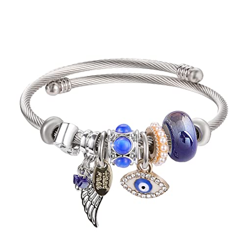 DS Charm Bracelets for girls,exquisite cute cartoon friendship bracelets Silver Stainless Steel Bangle with birthday Gift box, Adjustable girls jewelry Suitable for holiday gifts - style: Silver-blue evil eye
