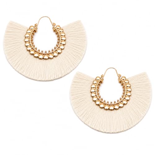 Tassel Hoop Earring Statement Thread Dangle Earrings Stylish Long Fringe Drop Earrings Lightweight Long Swingy French Hook Earrings for Women - color: C White