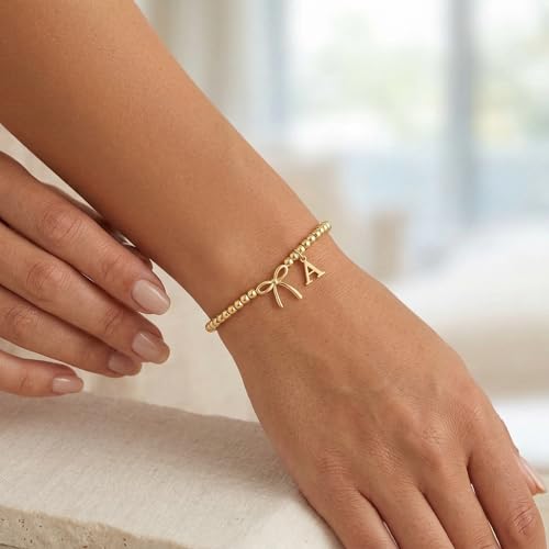 Letter A-Z Bracelets for Women Teen - Inital Beaded Bracelet with Bowknot Charm, Dainty Stretch Stackable Bracelet, Trendy Jewelry Gifts for Birthday Easter Basket Stuffers - style: Gold: S