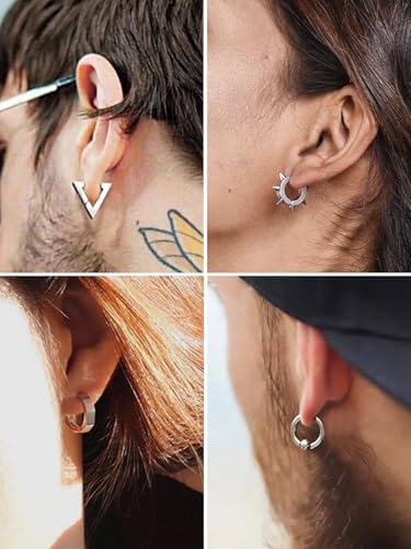 ChainsHouse Stud Earrings for Men Women,316L Stainless Steel/14K Gold/Black Plated Metal, Punk Hypoallergenic Surgical Huggie Hoop Earrings Mens Jewelry Piercing Hoop Earrings - style: F: Silver-Different Disign(4 Pairs)