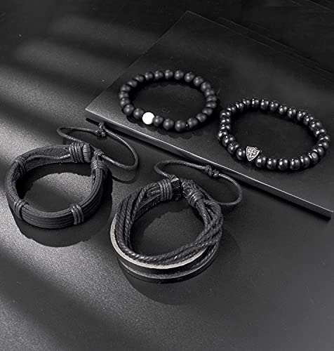 Tornito 15Pcs Braided Leather Bracelet Boho Cuff Wrap String Wood Bead Woven Ethnic Stretch Wristbands Bracelets Set for Men Women Size Adjustable - style: B:15Pcs(Black)