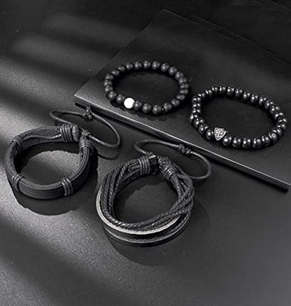 15Pcs Braided Leather Bracelet Boho Cuff Wrap String Wood Bead Woven Ethnic Stretch Wristbands Bracelets Set for Men Women Size Adjustable - style: B:15Pcs(Black)