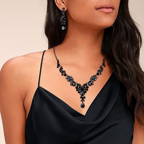EVER FAITH Rhinestone Crystal Bridal Floral Wave Teardrop Necklace Earrings Set - color: 2pcs_Black Black-Tone