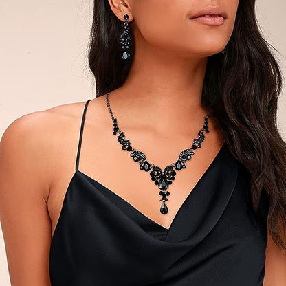 EVER FAITH Rhinestone Crystal Bridal Floral Wave Teardrop Necklace Earrings Set - color: 2pcs_Black Black-Tone