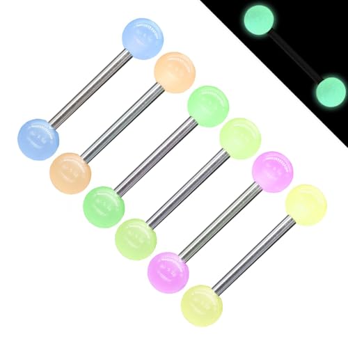 6pc GLOW IN THE DARK 14G Tongue Bar UV Acrylic Ball Capsule Multi Color Steel Bar Barbell Ring Piercing Jewelry - color: Barbell Type