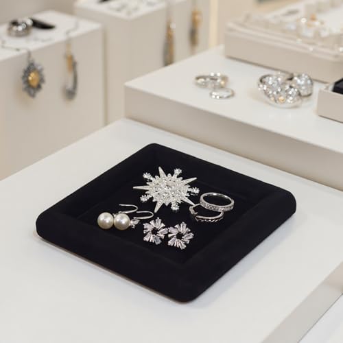 Black Velvet Jewelry Display Tray, Luxury Velvet Ring Holder Showcase for Necklaces Earrings, Jewelry Store Display and Ecommerce Photography Prop, 4.72x4.72 Inches (Black)