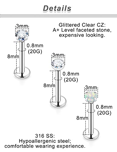 20G 18G 16G Push in Theadless Nose Rings Studs Hypoallergenic Lip Labret Jewelry Flat Back Nose Stud Stainless Steel Cartilage Helix Tragus Earrings for Women Men 6mm 7mm 8mm Bars Diamond 3mm - color: A:20G-Push in-Bar 8mm