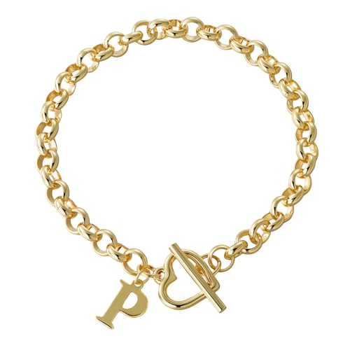 14K Gold Plated Stainless Steel A-Z Alphabet Letter Heart Bracelet | Non-Tarnish Dainty Charm with a Romantic Toggle Clasp Daily Fashion Jewelry, 7-inch Rolo Chain, Personalized Gift for Her - color: P