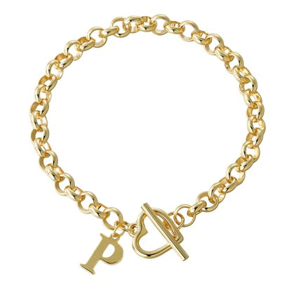 14K Gold Plated Stainless Steel A-Z Alphabet Letter Heart Bracelet | Non-Tarnish Dainty Charm with a Romantic Toggle Clasp Daily Fashion Jewelry, 7-inch Rolo Chain, Personalized Gift for Her - color: P