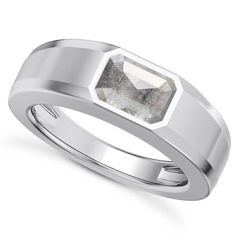 1CT - 3CT Gemstone Signet Pinky Ring - Emerald Cut Gem Pinky Ring White Yellow Rose 10K 14K 18K Gold Sterling Silver Mens Gem Signet Rings for Anniversary Fathers Day - style: Salt and Pepper Diamond