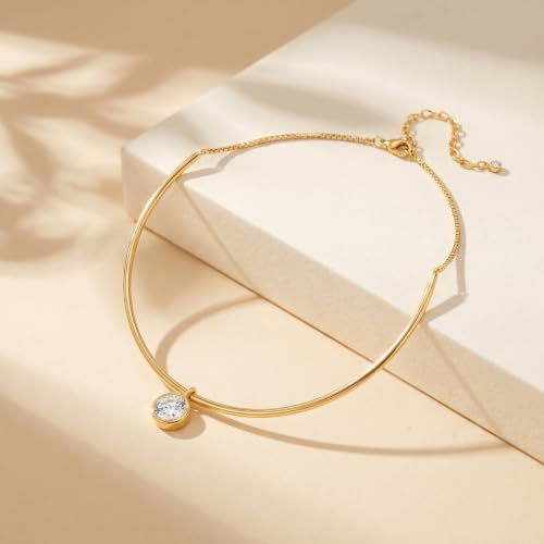 14K Gold Plated Collar Choker Necklace for Women Charm Jewelry | Trendy Dainty Statement Fashion Cubic Zirconia Pendant Necklace - color: 89A