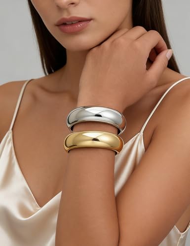 Chunky Gold Bangle Bracelets for Women, Dainty 14k Gold Plated Big Stackable Bangles Set, Trendy Statement Cuff Bracelet Stack Fashion Jewelry Gifts - style: 2 Silver & gold chunky bangles