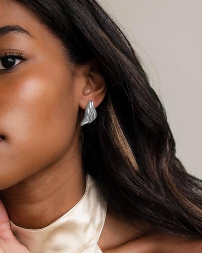 Gold Chunky Earrings for Women Trendy, 14K Gold Plated Dainty Kont Earrings Statement Minimalist Hypoallergenic Stud Earrings - color: Diana & Silver