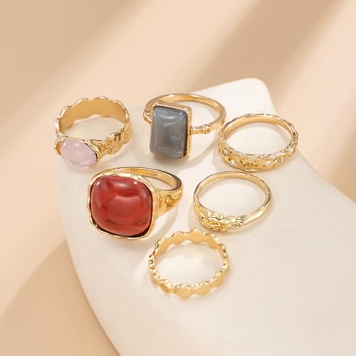 Statement Colorful Crystal Chunky Gold Hammered Dome Knuckle Rings Stackable for Women, Retro Thick Resin Ring Stacking Prom Party Jewelry Accessories - color: Red