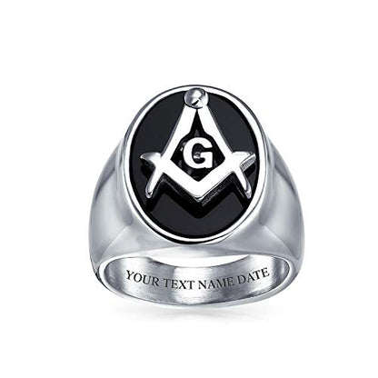 Secret Society Black Oval Masonic Signet Ring Gold Tone Stainless Steel - color: Silver Engrave
