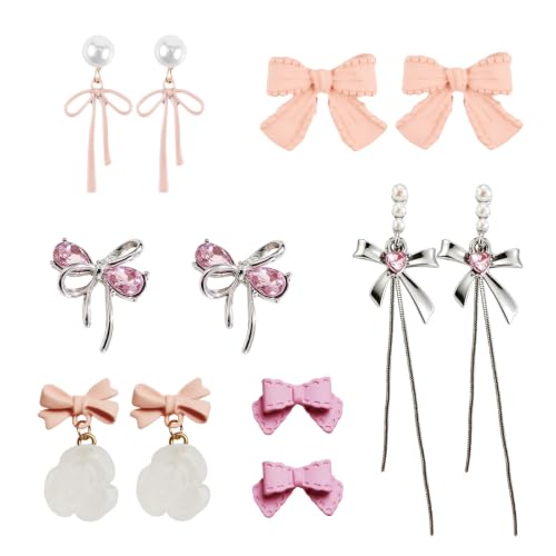 6 Pcs Pink Bow Earrings for Women, Light Pink Bow Earring Set | with Flowers Pearl Tassel Designs, Ribbon Stud Dangle Earrings Jewelry Collection