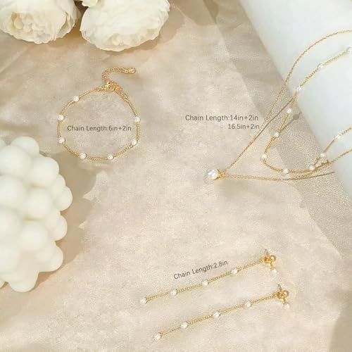 HERIER Gold Jewelry Set for Women - Dainty 14K Gold/Silver Plated Pearl Choker Necklace, Drop Earrings & Bracelets - Wedding Trendy Pearl Jewelry Gift - color: Pearl Jewelry Set-Gold