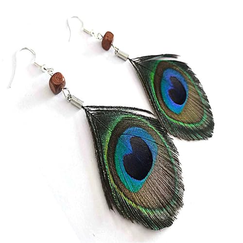 Peacock Feather Earrings for Women Native Handmade Lightweight Long Peacock Feather Boho Hook Earring Prom Party Festival Jewelry - color: Brown Bead